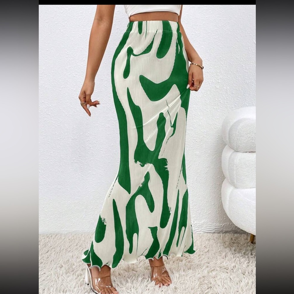 Green and White Abstract Maxi Skirt